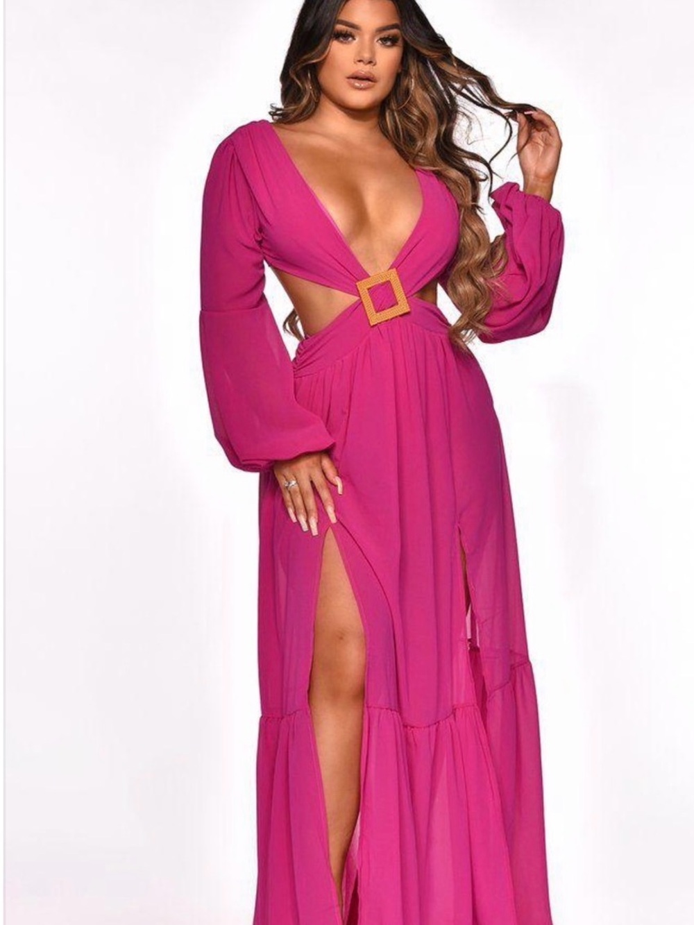 Fuchsia Cutout Maxi Dress with Buckle Detail